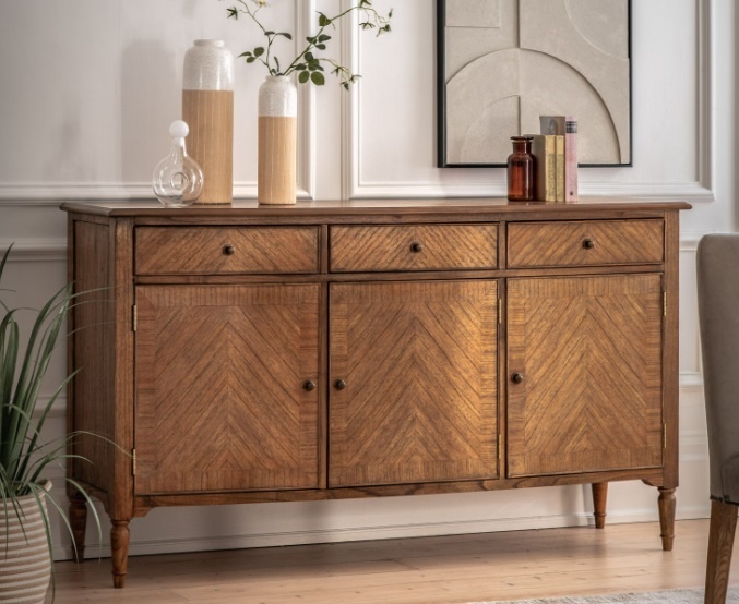 Gallery Direct Highgrove 3 Door 3 Drawer Sideboard in mid-brown Mindy wood with marquetry detail styled in dining room