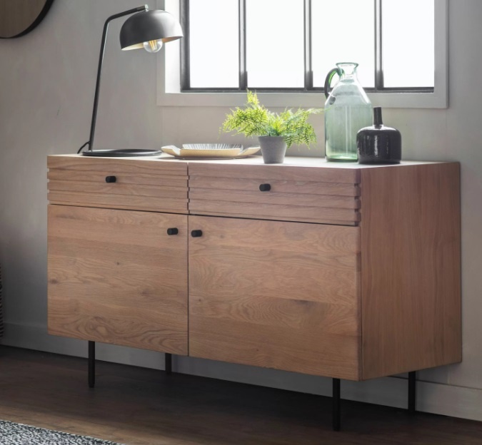 Styled living space featuring the Gallery Direct Okayama 2 Drawer 2 Door Sideboard with oak grain detail and black handles