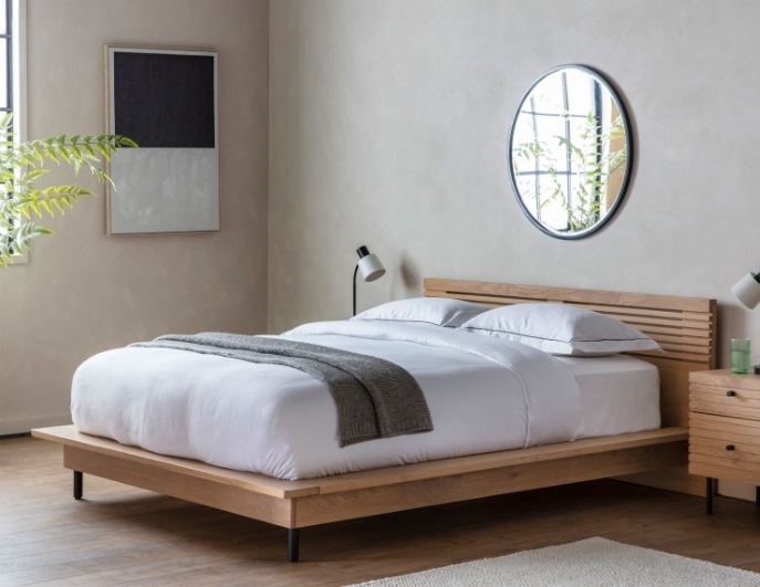 Styled bedroom featuring the Gallery Direct Okayama 4'6 Double Bed with Japandi oak frame and minimalist design