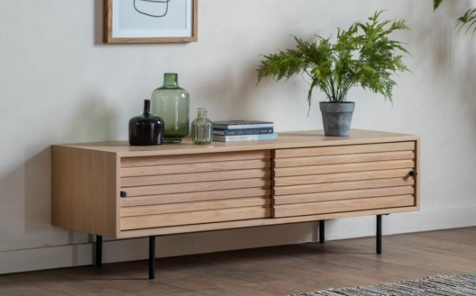 Gallery Direct Okayama Media Unit styled in a modern Japandi living room with oak finish and black handles