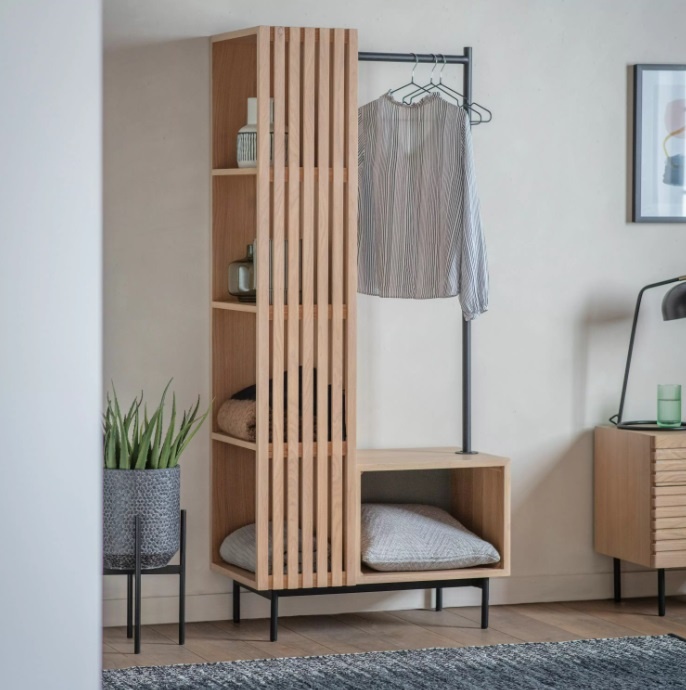 Gallery Direct Okayama Open Wardrobe styled in a Japandi bedroom with oak shelves and black hanging rail