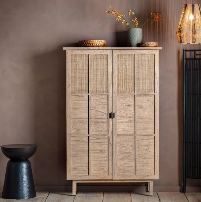 Gallery Direct Kyoto 2 Door Cupboard in natural wood with rattan cane panels and brushed bronze handles