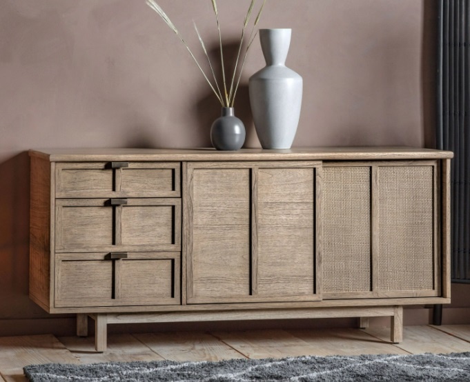 Gallery Kyoto 3 Drawer 2 Door Sideboard in natural Mindi wood with rattan cane panels and bronze handles