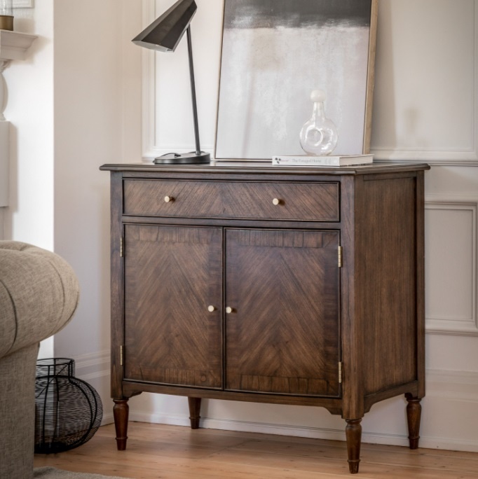 Dining room styled with the Gallery Direct Madison 2 Door 1 Drawer Sideboard in dark Mindy wood with marquetry detail