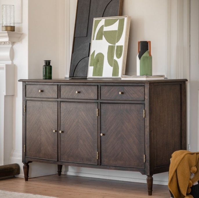 Dining room styled with the Gallery Direct Madison 3 Door 3 Drawer Sideboard in dark Mindy wood with marquetry detail