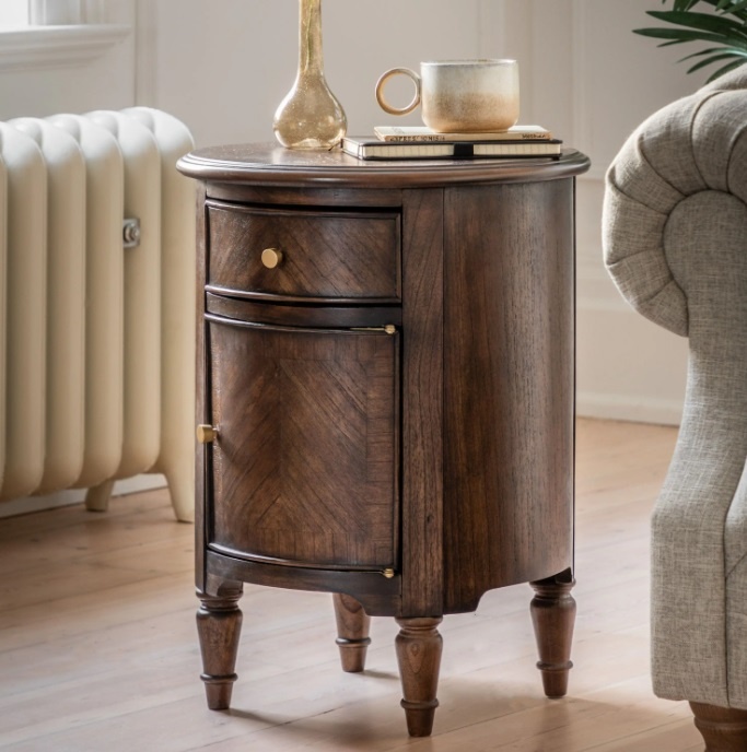 Gallery Direct Madison Drum Side Table in dark salvaged coffee Mindy wood with marquetry detail and cylindrical design