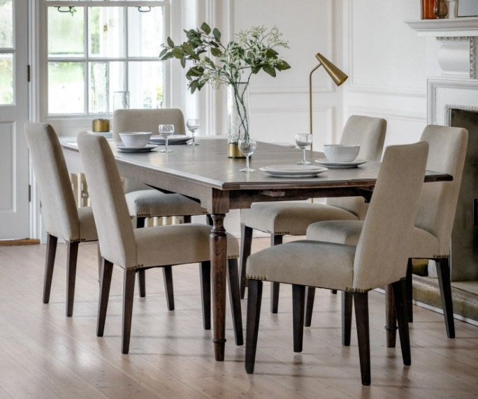 Gallery Direct Madison Extending Dining Table in dark salvaged coffee Mindy wood styled with upholstered dining chairs