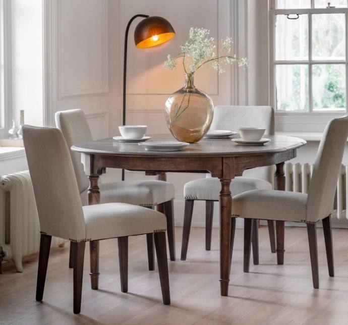 Gallery Direct Madison Extending Round Table in dark salvaged coffee Mindy wood styled with upholstered dining chairs