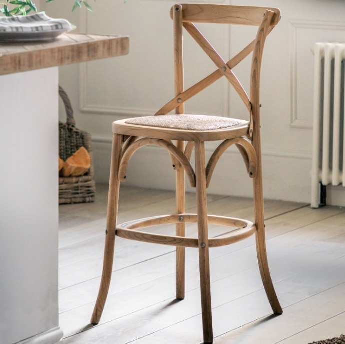 Gallery Cafe Stool Oak Rattan bar stool styled in kitchen setting with Parisian bistro charm and curved legs