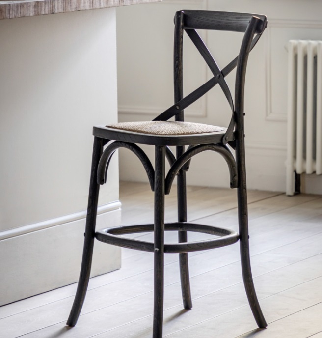 Gallery Cafe Stool Black With Rattan next to a modern breakfast bar