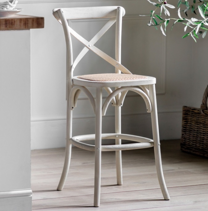 Gallery Cafe Stool White With Rattan on wooden floor