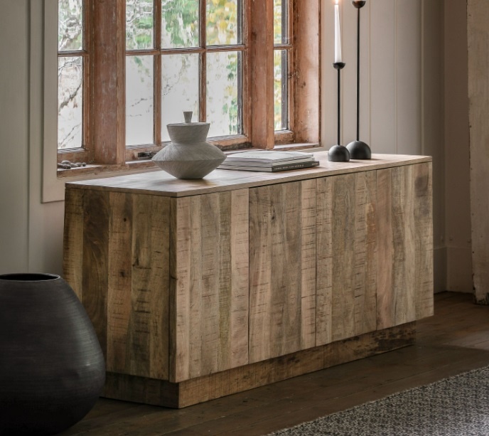 Gallery Iowa Sideboard Natural styled in a bright interior, showcasing rustic mango wood texture & spacious cupboard storage