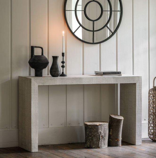 Gallery Iowa Console Table Whitewash styled in a hallway, showcasing the light mango wood grain and rustic block design