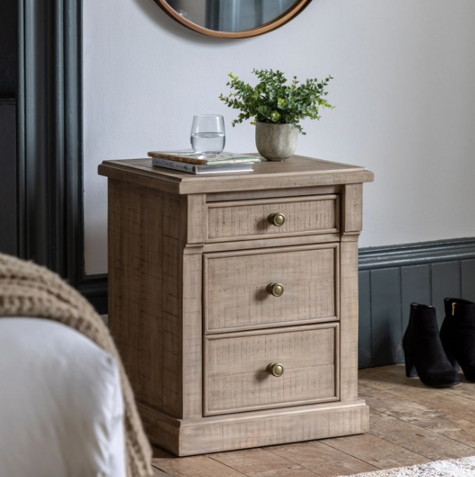 Gallery Vancouver 3 Drawer Bedside in a natural bedroom setting