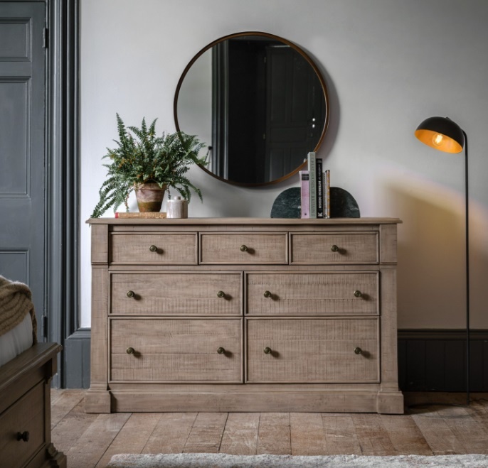 Rustic solid pine Gallery Vancouver 7 Drawer Chest with natural finish and generous drawer space for organised bedrooms