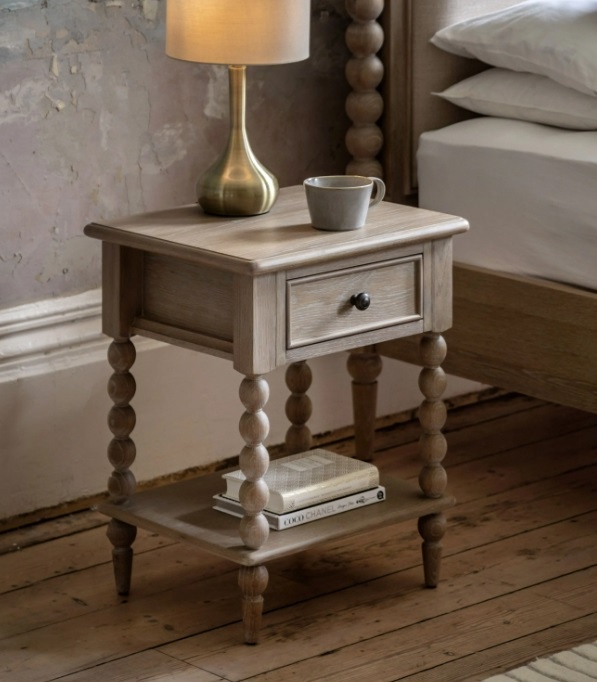 Lifestyle shot of the Gallery Direct Artisan bedside table in a bright, modern bedroom setting.
