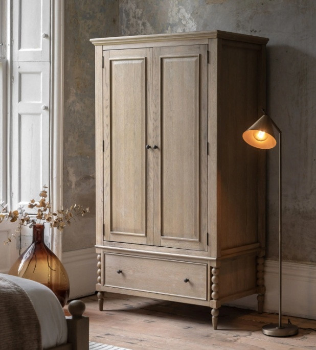 Gallery Artisan 2 Door 1 Drawer Wardrobe in natural oak with lime wash finish and hand turned bobbin detailing