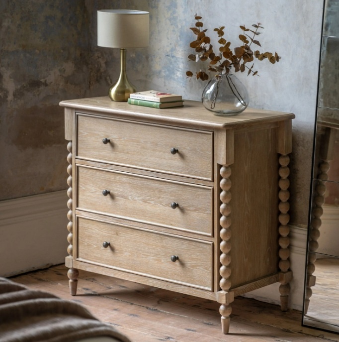 Gallery Artisan 3 Drawer Chest in oak with lime wash finish, three spacious drawers and hand turned bobbin detailing
