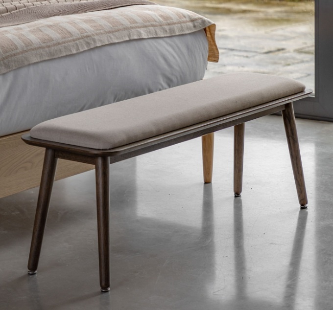 Gallery Hatfield Bench Smoked at the foot of a bed in a contemporary home