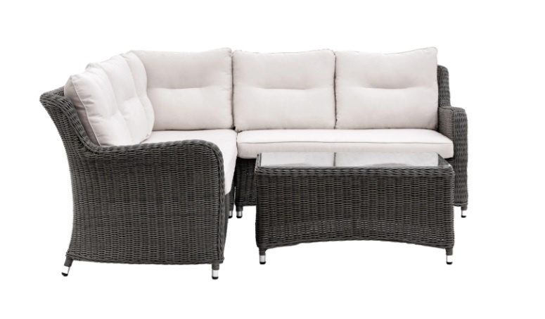 Gallery Direct Windsor Corner Lounge Set featuring a 5-seater grey rattan corner sofa and matching glass-top coffee table on 