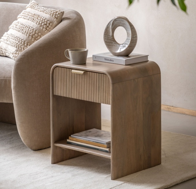 Gallery Direct Colonna 1 Drawer Bedside Large in natural mango wood with fluted drawer and lower shelf