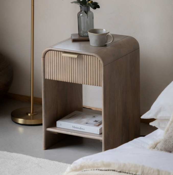 Gallery Direct Colonna 1 Drawer Bedside Small in natural mango wood with fluted drawer and open shelf