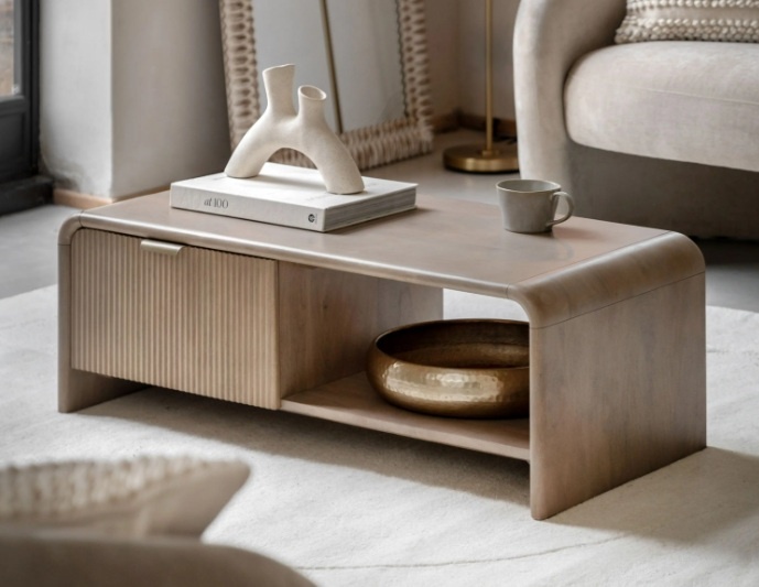 Gallery Colonna 1 Drawer Coffee Table in natural mango wood with curved top and fluted drawer in a modern living room