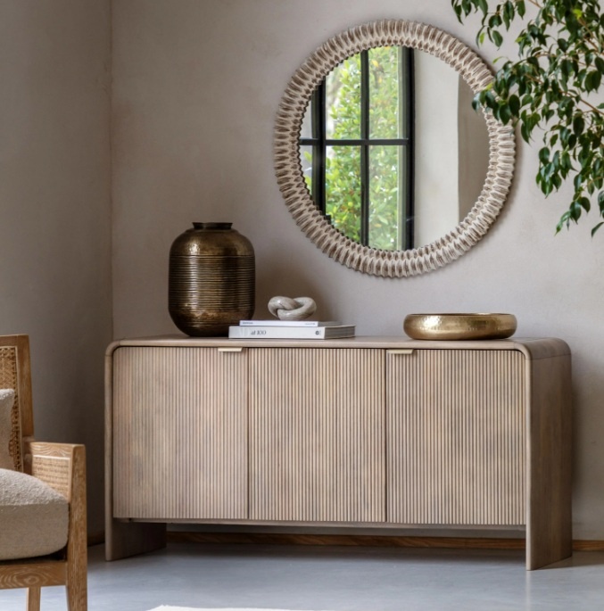 Gallery Colonna 3 Door Sideboard in natural mango wood with fluted doors and curved top styled in a living space