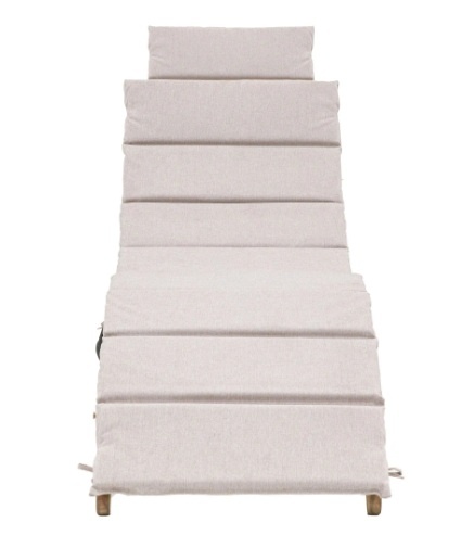 Front-facing view of the Ammos wooden sunlounger showing its ergonomically curved design and padded cushions.