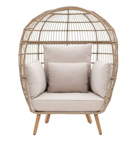 Front view of the Avena outdoor egg chair with neutral seat and back cushions.