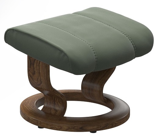 Stressless Consul Classic Base stool in green leather with brown wooden ring base