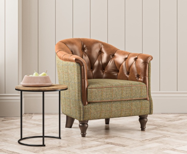 Wood Bros. Wood Bros Stamford Armchair with leather & Herringbone Fern - Fast Track Delivery!