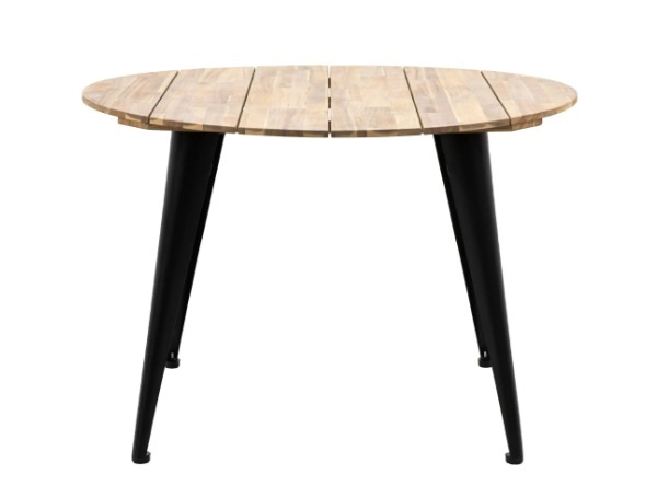 Front view of the Ponza round oak dining table highlighting its minimalist black metal legs.