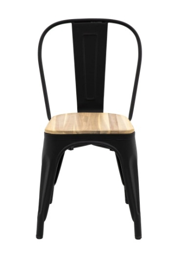 Front view of the Ponza bistro-style chair highlighting the curved black metal backrest.