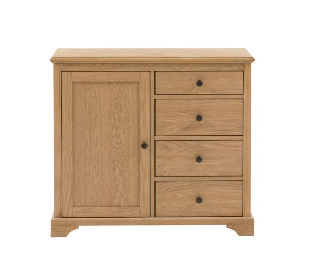 Gallery Direct Malvern 1 Door 4 Drawer Sideboard compact sideboard in light oak wood cupboard on left and 4 drawers on right 