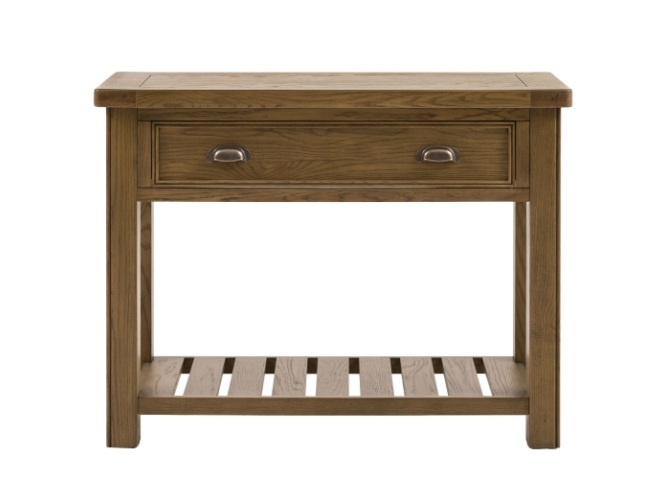 Gallery Direct Hardwick natural oak console table with 1 drawer and a slatted shelf