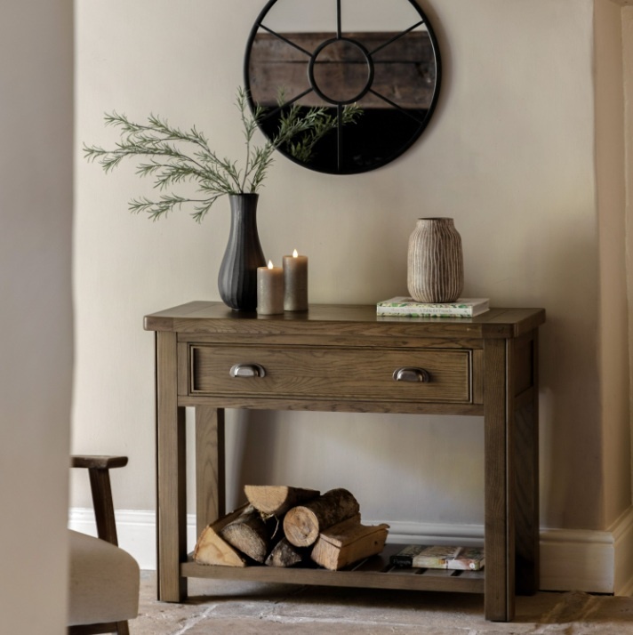 Gallery Direct Hardwick 1 Drawer Console Table styled in a hallway with vase and flowers
