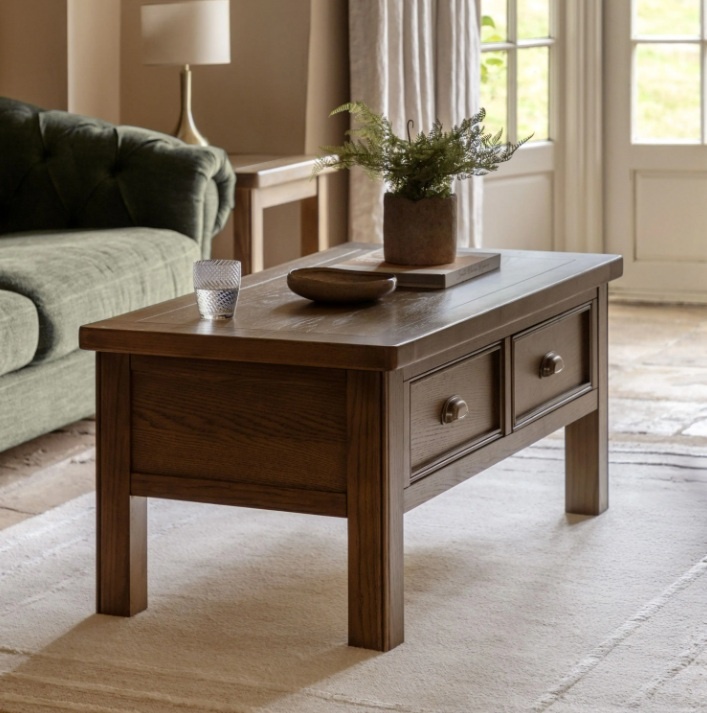 Gallery Direct Hardwick 2 Drawer Coffee Table on a plush cream rug in front of sofa in a lounge