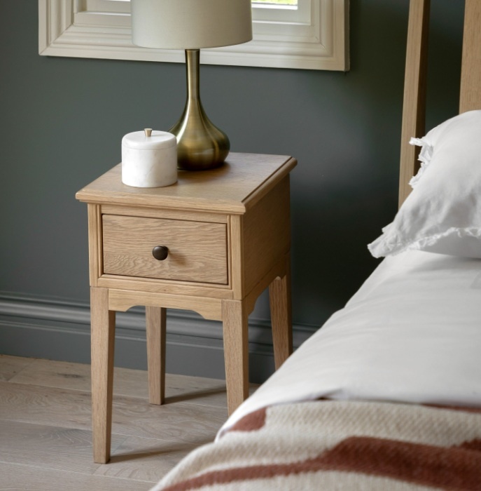 Gallery Direct Malvern 1 Drawer Bedside in bedroom next to bed and lamp on top