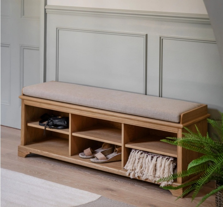 Gallery Direct Malvern Hall Bench in hallway with shoes and blankets in cubbies