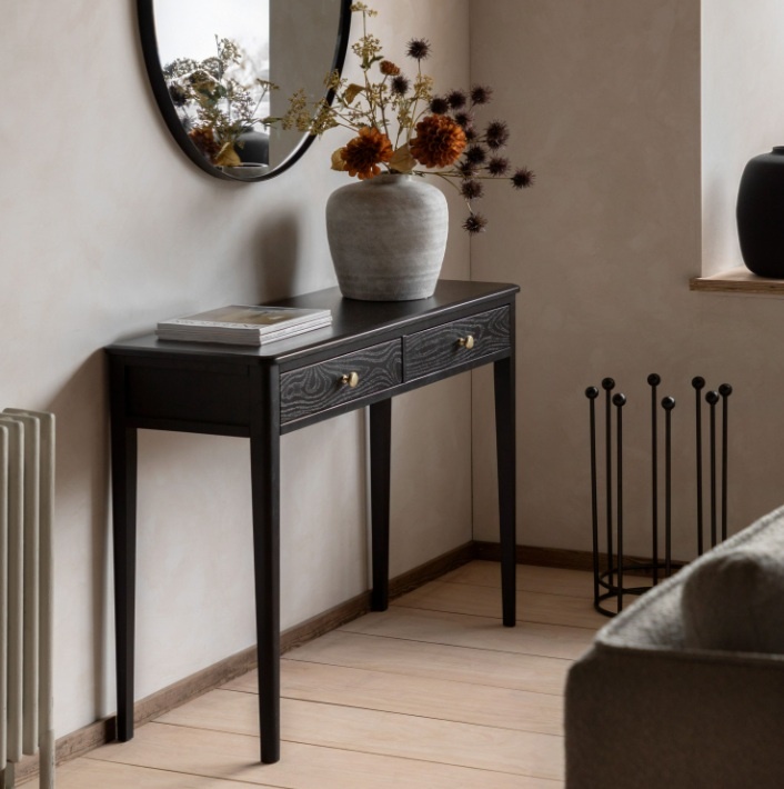 Gallery Direct Acton 2 Drawer Console Black lifestyle in hall with white vase and mirror