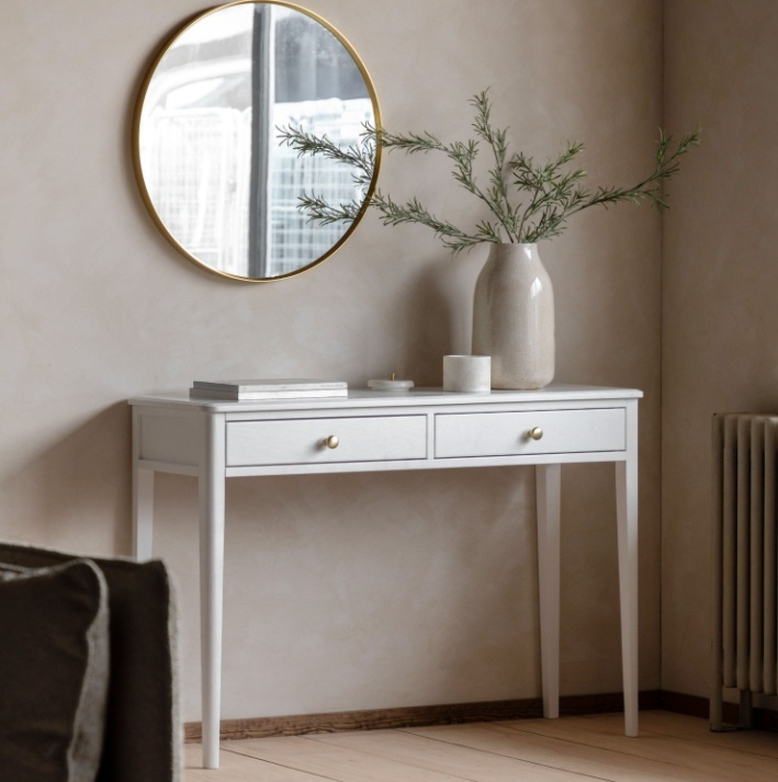Gallery Direct Acton 2 Drawer Console White with brass round mirror on wall above
