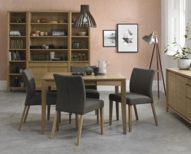 Bentley Designs Bentley Designs Bergen Oak 2-4 Seater Table & 4 Upholstered Chairs in Black Gold Fabric