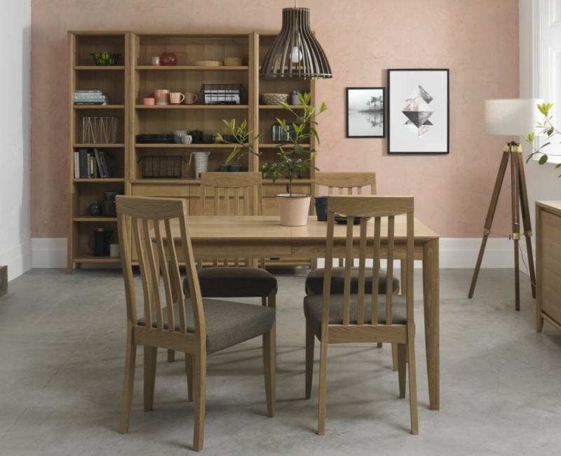 Bentley Designs Bentley Designs Bergen Oak 4-6 Seater Table & 4 Slat Back Chairs in Black Gold Fabric