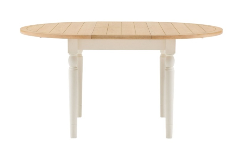 Gallery Direct Eton white round extending dining table shown fully extended with centre leaf in place