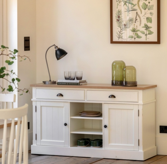 Gallery Direct Eton white and oak large sideboard styled in dining room