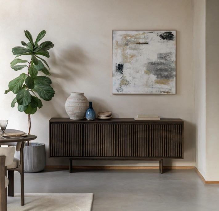 Gallery Direct Onda four door sideboard in walnut finish styled in a modern lounge space
