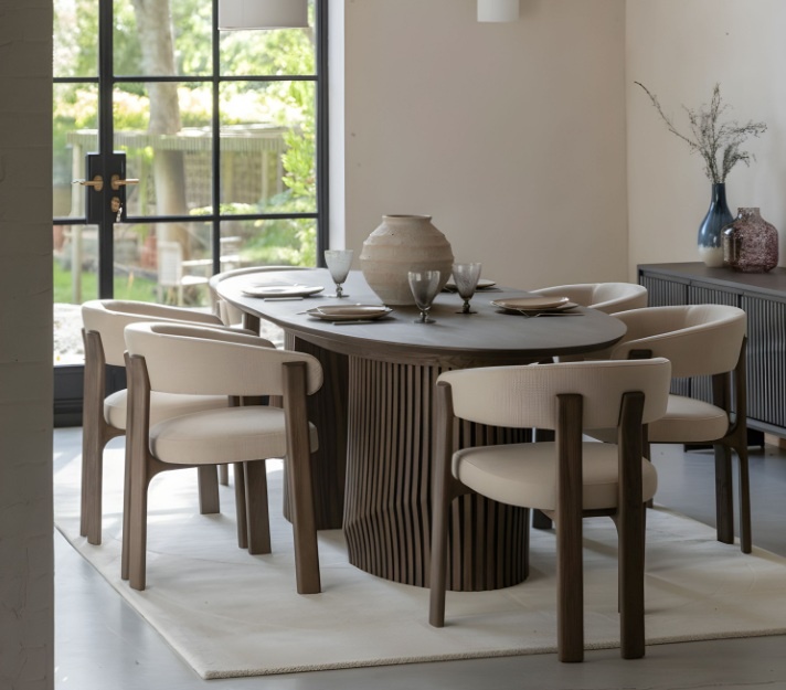 Gallery Direct Onda walnut extending dining table in modern dining room with contemporary seating