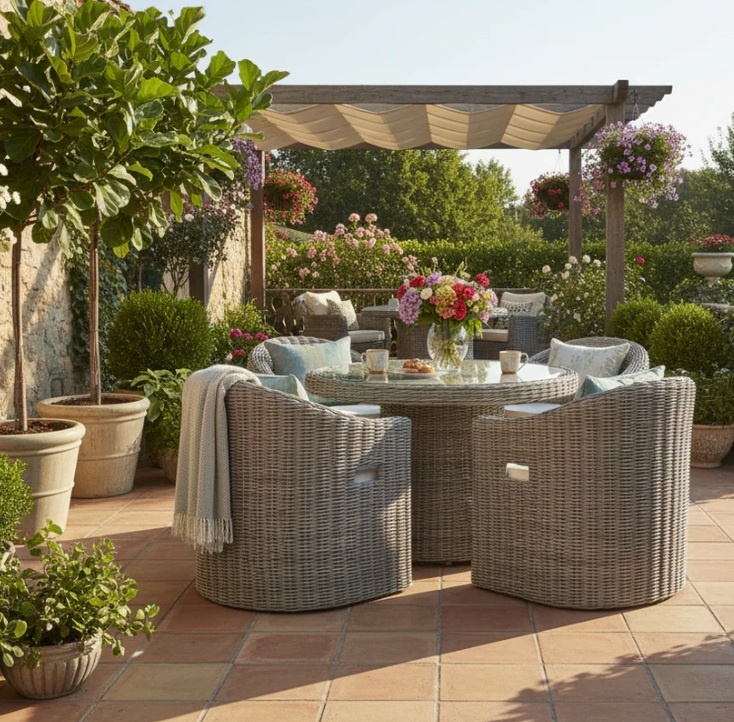 Gallery Direct Ragusa 4 Seater Dining Set set ready to eat set on a vibrant well lit patio with clay tiles and potted plants