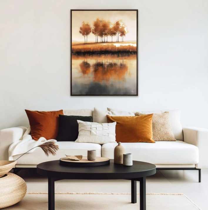 Golden treeline framed canvas wall art displayed in modern living room